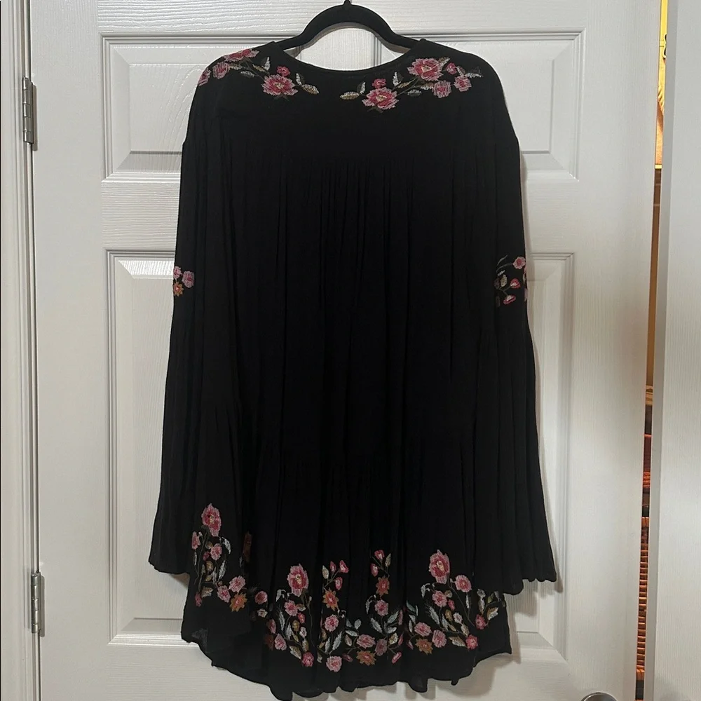 Free People Black Mini Dress with Pink Floral Embroidery